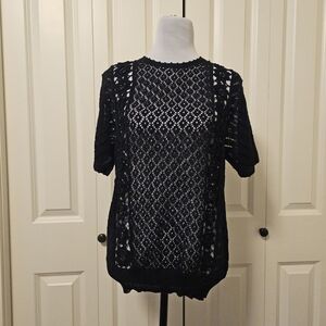 Crochet Black Knit Lace Short-Sleeve Sweater Boho Cottage Sz L